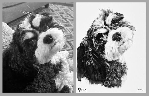 Black and White 16X20 Hand Painted Pet Portrait on canvas