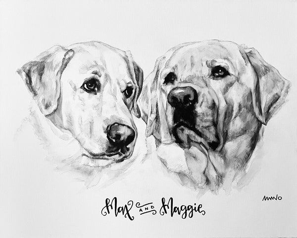 Black and White 20x16 Two Pets Hand Painted Portraits on canvas